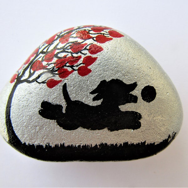 Dog Painting, Stone Art, Valentines Black Dog Gift, Hand Painted Rock Magnet, Pebble, Pet Grave Marker, Puppy Ball Silhouette, Dog Memorial