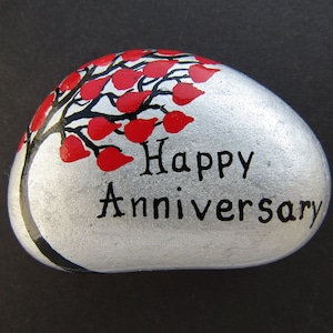 Anniversary Gift, Rock Art, Hearts Tree Happy Anniversary Painting on Stone, Hand Painted Pebble, Anniversary Art Gift, Red Hearts Tree