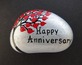 Anniversary Gift, Rock Art, Hearts Tree Happy Anniversary Painting on Stone, Hand Painted Pebble, Anniversary Art Gift, Red Hearts Tree