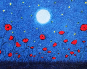 Poppy Art Print, Red Poppies Moon Painting, Small Picture, Sympathy Gift, Stars, Abstract Poppies Field, Spiritual, Bereavement, Remembrance