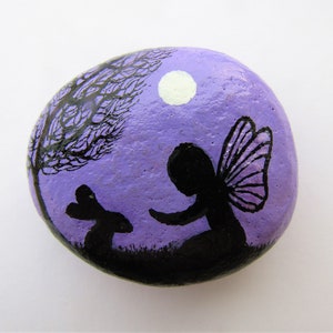 Painted Rock, Fairy, Daughter Gift, Stone Art Painting, Fairy Rabbit Moon Tree, Hand Painted Purple Rock,  Easter, Mother Gift, Pebble Art