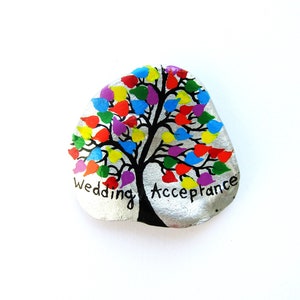 Carta di accettazione matrimonio, conchiglia dipinta a mano, carta albero cuori, arte conchiglia personalizzata, carta di accettazione matrimonio stesso sesso, gay, lesbica