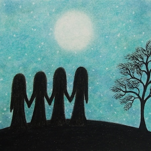 Obraz artystyczny Four Sisters, karta Moon Stars, prezent dla przyjaciół, wydruk duchowy, sylwetki czterech dziewczyn, prezent świąteczny, natura medytacji