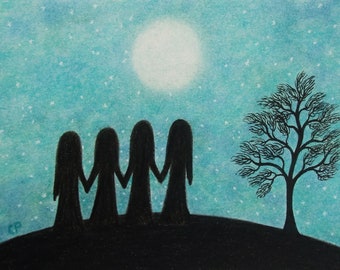 Four Sisters Art Picture, Moon Stars Card, Friends Gift, Spiritual Print, Four Girlfriends Silhouettes, Christmas Gift, Meditation Nature