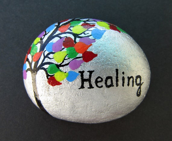 Painted Stone, Healing Gift, Rock Painting, Pebble Art, Hand Painted Tree,  Get Well Gift, Meditation Stone, Healing Rock, Black Silver Stone