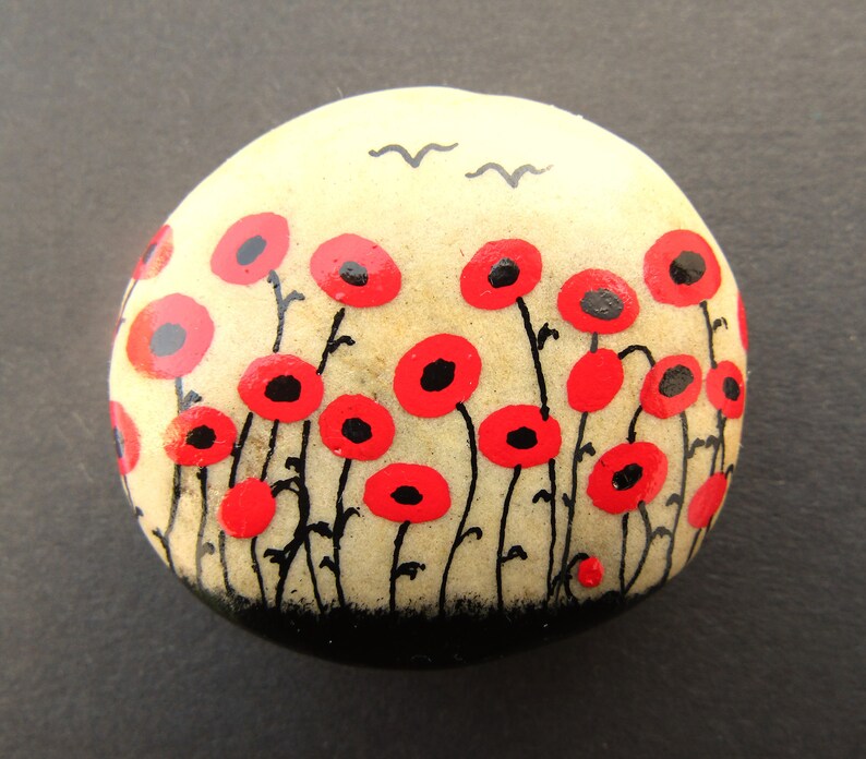 Painted Rock, Poppy Gift, Hand Painted Flowers Stone, Rock Art, Red Poppies Painting, Remembrance Stone, Painted Pebble, Sympathy Gift, Rock image 1