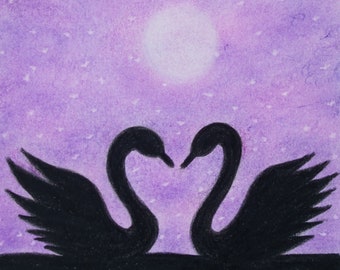 Swan Print, Romantic Moon Art Picture, Wedding Anniversary Gift for Her, Valentines, Purple Two Swans Print,  Silhouettes, Love Gift for Him