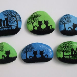 Painted Stone, Cat Magnet, Rock Painting, Cat Art, Hand Painted Pebble, Kitty Magnet, Miniature Art, Black Cat Painting, Rock Art Silhouette