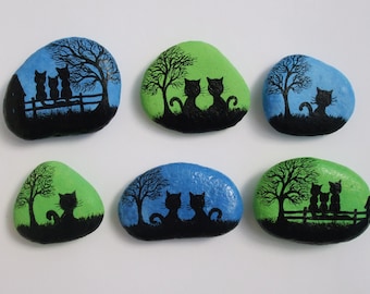 Painted Stone, Cat Magnet, Rock Painting, Cat Art, Hand Painted Pebble, Kitty Magnet, Miniature Art, Black Cat Painting, Rock Art Silhouette