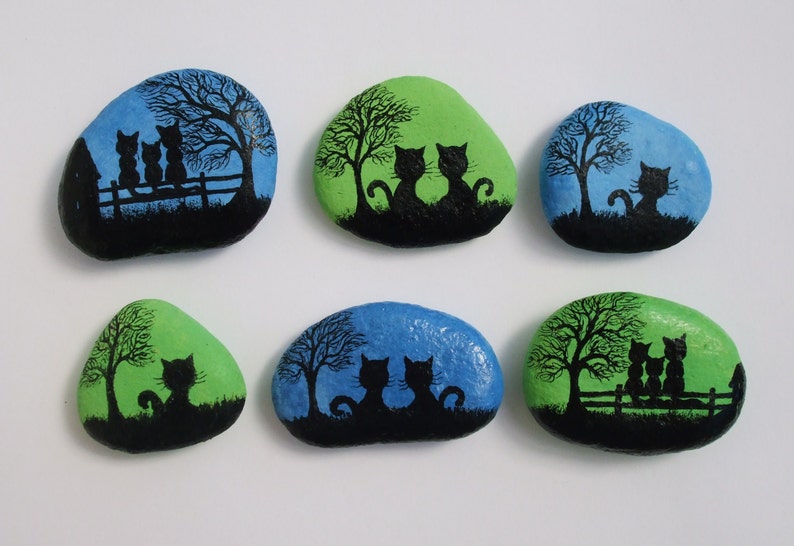 Painted Stone, Cat Magnet, Rock Painting, Cat Art, Hand Painted Pebble, Kitty Magnet, Miniature Art, Black Cat Painting, Rock Art Silhouette image 1