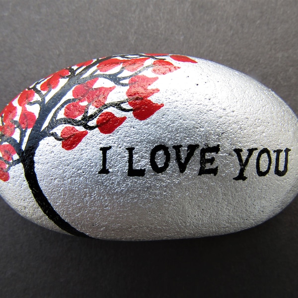 I Love You Gift, Painted Rock, Tree Stone Painting, LGBTQ Art, Anniversary Gift for Him, for Her, Hearts, Pebble, Christmas Gift, Valentines