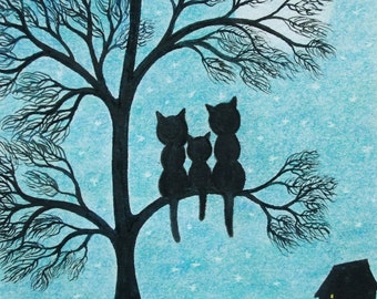 Cat Tree Print, Mothers Day Gift, Three Black Cats Moon Picture, Daughter Gift, Kitten Silhouette, Small Print, Kids Gift, Fathers Day Card