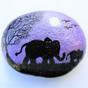 Elephant Painted Rock, Mothers Day Daughter Gift, Stone Art, New Mum, Animal Pebble Painting, Baby Elephant Tree Moon, Unique Personalised image 2