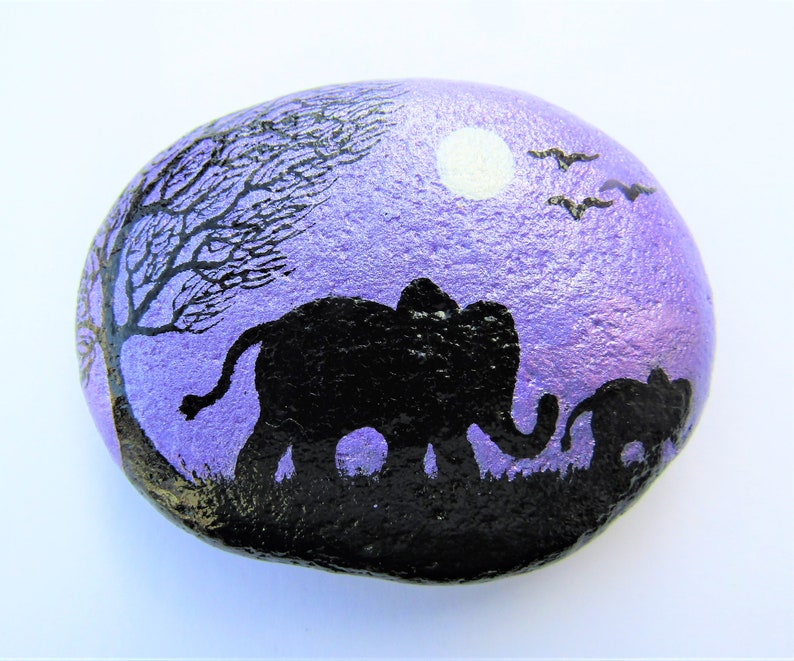 Elephant Painted Rock, Mothers Day Daughter Gift, Stone Art, New Mum, Animal Pebble Painting, Baby Elephant Tree Moon, Unique Personalised image 2