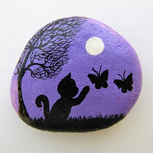 Painted Rock, Cat Butterfly, Mothers Day Gift, Daughter, Hand Painted Pebble, Kitten Tree Moon Art Painting, Small Gift, Birthday, Unique