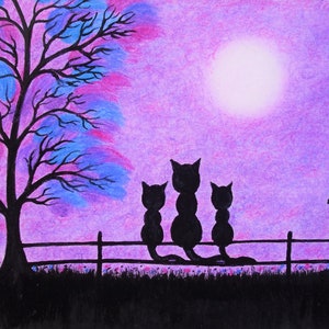 Impression d'art chat, carte mère, cadeau fille, lits jumeaux, trois chats noirs, arbre violet et lune, deux chatons, cadeau maman, petits caractères art pour enfants