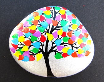 Painted Rock, Mothers Day Gift, Tree of Life Stone Painting, Personalised Love Gift, Memorial, Pebble Rainbow Hearts, Wedding Spiritual Gift