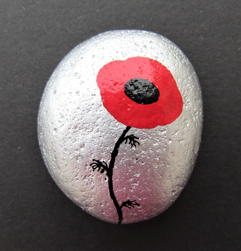 Poppy Rock Painting, Hand Painted Stone, Remembrance, Red Poppy Magnet, Pebble Art, Sympathy Gift, Flower Painted Rock, Stone Art, Miniature image 1