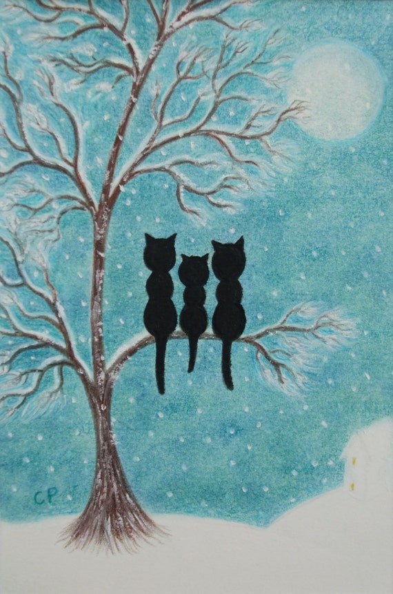 Cat Art Print Black Cats Tree Snow Picture Framed Art Etsy