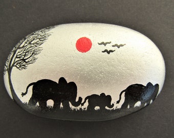 Painted Rock, Elephants Mothers Day Gift, Stone Painting, Unique Daughter Gift, Baby Animal Art, Three Elephants Tree, Personalised Gift Dad