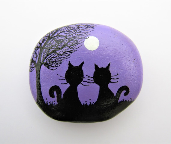 Bemalter Stein, Katzen Magnet, Felsmalerei, Katzen Kunst, Handbemalter  Kieselstein, Kitty Magnet, Miniatur Kunst, Schwarze Katze Malerei, Rock Art  Silhouette -  Österreich