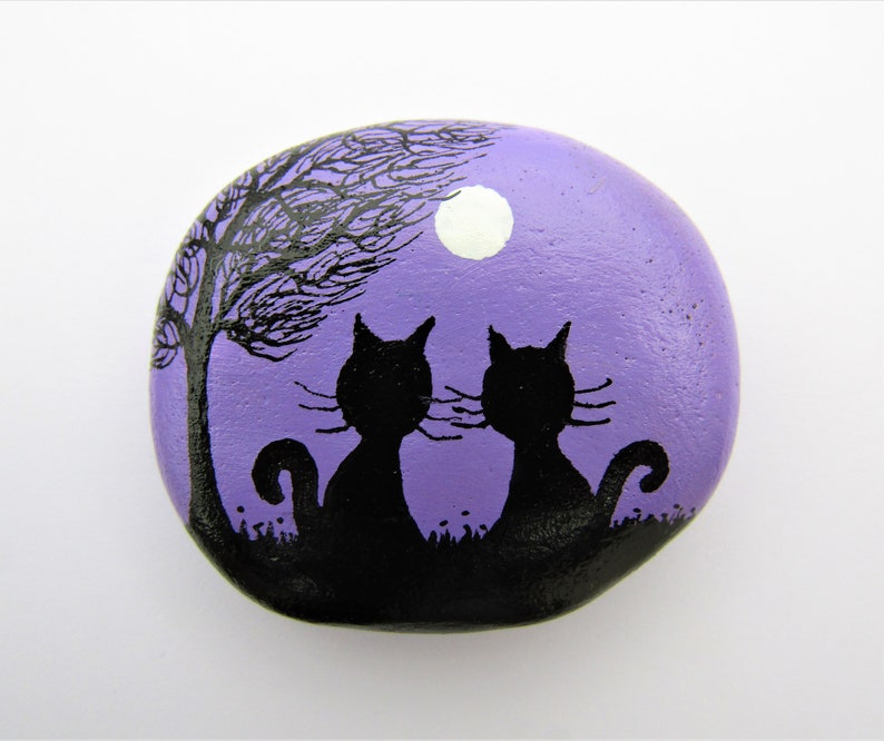 Painted Stone, Cat Magnet, Rock Painting, Cat Art, Hand Painted Pebble, Kitty Magnet, Miniature Art, Black Cat Painting, Rock Art Silhouette image 2