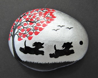 Painted Rock, Two Dogs Stone Art, Birthday Gift, Hearts Tree Puppy Ball Silhouette, Hand Painted Friends Gift, Personalised Animal Art