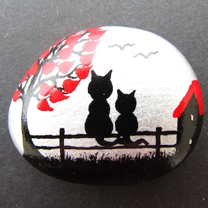 Cats Painted Stone, Fathers Day Gift, Son, Daughter, Hand Painted Pebble, Black Cat Kitten Tree Hearts, Personalised Art, Mum Dad Kids Gift
