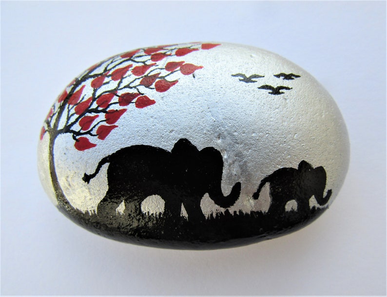Elephant Painted Rock, Mothers Day Daughter Gift, Stone Art, New Mum, Animal Pebble Painting, Baby Elephant Tree Moon, Unique Personalised image 3