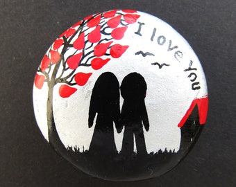 Love Gift for Him, Painted Rock, Romantic Stone Gift for Her, I Love You Couple Hearts Tree Painting, Unique Personalised Pebble, Valentines