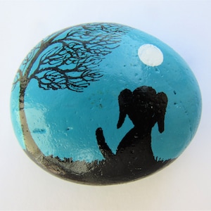 Hand Painted Dog Pebble Art: Tree & Moon Magnet