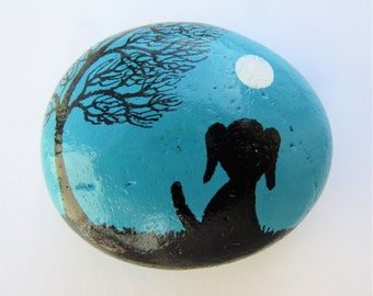 Dog Gift, Painted Rock, Dog Magnet, Hand Painted Stone, Pebble Art, Dog Tree Moon, Miniature Painting, Puppy Kids Gift, Stocking Filler