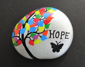 Hope Painted Rock, Rainbow Tree Stone, Hand Painted Hope Gift, Pebble Art Painting, Unique Gift, Tree Rock Art, Silver Stone, Rainbow Art