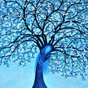 Stampa dell'Albero della Vita, Biglietto d'Arte con la Dea, Immagine Spirituale, Donna con Albero Blu, Madre Natura, Fiori Astratti, Regalo per la Festa della Mamma per la Figlia, Nascita
