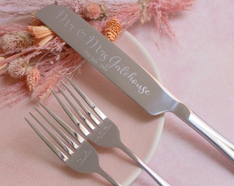 Silver Wedding Cake Knife and Forks Set , Personalised Silver Engraved Wedding Knife and forks engraved with names and wedding date