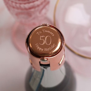 Personalised Rose Gold Prosecco & Champagne Stopper, engraved with a choice of designs