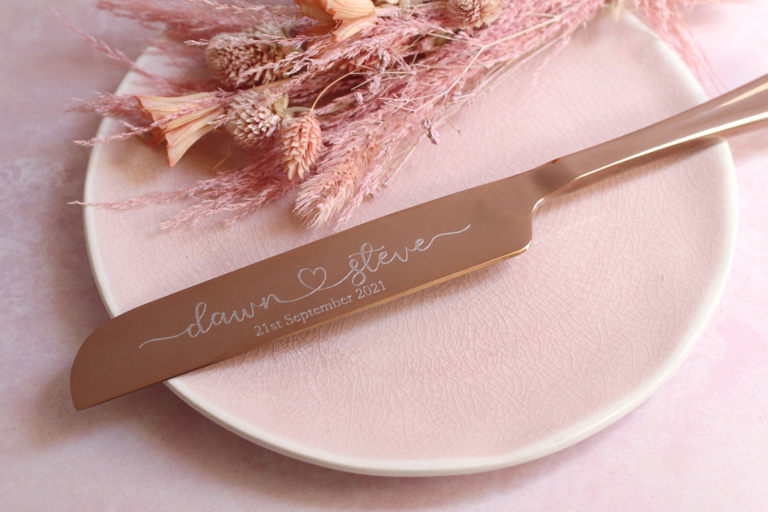 Rose Gold Wedding Cake Knife, Personalised Rose Gold Engraved Wedding