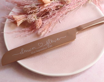 Rose Gold Wedding Cake Knife, Personalised Rose Gold Engraved Wedding Knife engraved with names and wedding date