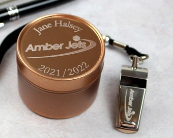 Large Personalised Whistle and Rose Gold Presentation Tin - Engraved Whistle for Teachers, Sports Coaches, PE Teachers & Referees