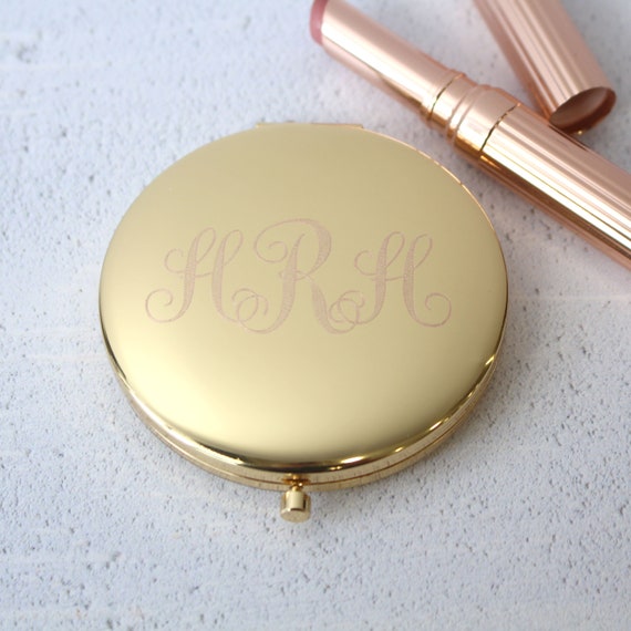 Champagne Gold Engraved Monogram Compact Mirror Personalised 