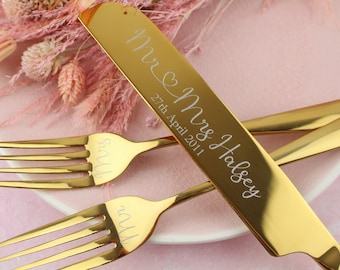 Gold Wedding Cake Knife and Forks Set , Personalised Gold Engraved Wedding Knife and forks engraved with names and wedding date