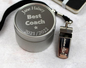 Large Personalised Whistle and Silver Presentation Tin - Engraved Whistle for Teachers, Sports Coaches, PE Teachers & Referees