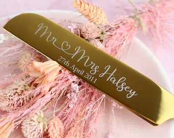 Gold Wedding Cake Knife, Personalised Gold Engraved Wedding Knife engraved with names and wedding date