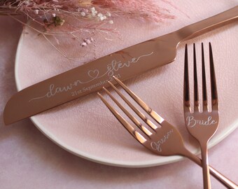 Rose Gold Wedding Cake Knife and Forks Set , Personalised Rose Gold Engraved Wedding Knife and forks engraved with names and wedding date
