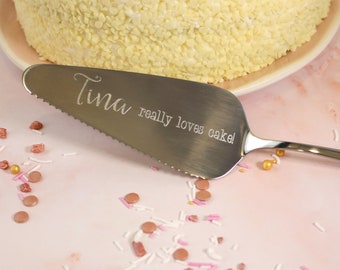 Personalised Cake Slice, Cake Server Knife engraved with name and "really loves cake!"