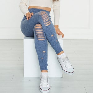 Denim Blue Knitted Ripped Stretch Leggings, Gift For Her, Leggings for Women, Ripped Leggings, Woman Leggings