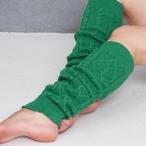 Green Knitted Leg Warmers: Diamond Cable Pattern, Yoga Dance Socks