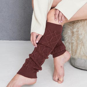 Reddish Brown Diamond and Cable Pattern Knitted Leg Warmers, Leg Warmers For Women, Yoga Socks, Dancer Leg Warmers, Gifts For Her