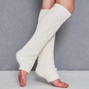 Ivory Diamond and Cable Pattern Knitted Leg Warmers, Leg Warmers For Women, Yoga Socks, Dancer Leg Warmers, Gifts For Her