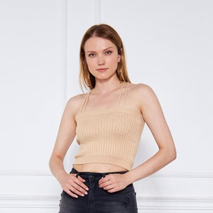 Milky Brown Viscose Ribbed Knit Crop Top For Women, Minimal Spaghetti Strapped Crop Top, Square Neck, Christmas Gifts, Yoga Top image 1